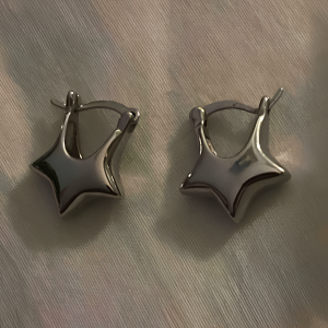 Silver Tone Hollow Star Hoop Earrings - Image 1