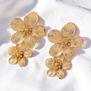 Gold Tone Double Flowers Drop Earrings - Image 1