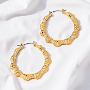 Gold Tone Bamboo Shaped Hoop Earrings - Image 1
