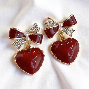 Red Stone Heart Dangle Drop Earrings - Image 1