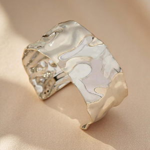 Silver Tone Chunky Textured Cuff Bangle Bracelet - Image 1
