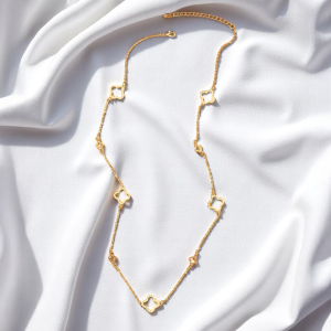 Gold Tone Linked Hollow Clovers Necklace - Image 1