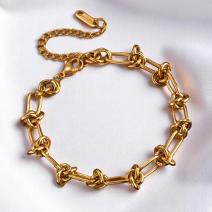 Stainless Steel Gold Tone Knot Chain Bracelet Adjustable - Image 1