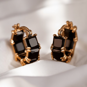Black Crystal Band Huggie Hoop Earrings - Image 1