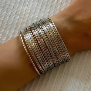 Silver Tone Lines Cuff Bangle Bracelet - Image 1