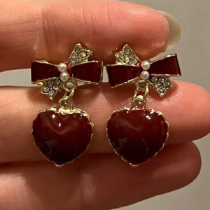 Red Stone Heart Dangle Drop Earrings - Image 2