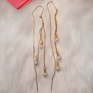 Threader Long Gold Metal Faux Pearl Earrings - Image 2