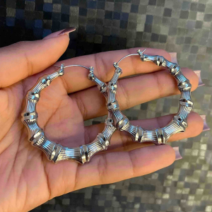 Silver Colour Chunky Bamboo Hoop Earrings - Image 2