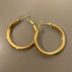 Gold Tone Round Hollow Hoop Earrings - Image 2