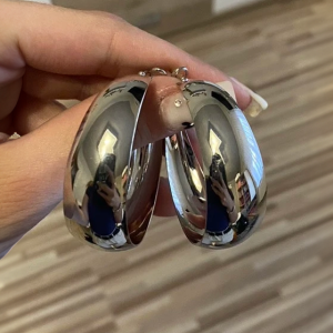 Silver Tone Round Wide Hoop Sleeper Earrings - Image 2
