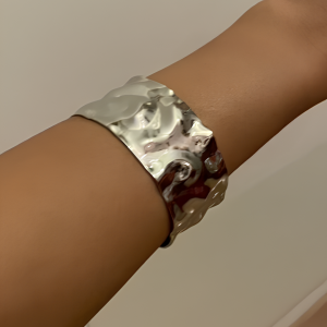 Silver Tone Chunky Textured Cuff Bangle Bracelet - Image 2