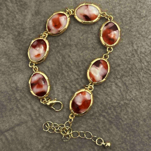 Gold Tone Big Red & White Stone Bangle Bracelet - Image 1