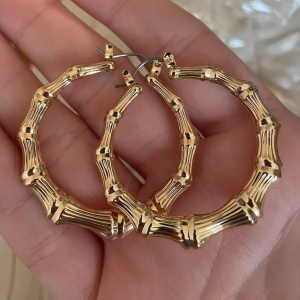 Gold Tone Bamboo Shaped Hoop Earrings - Image 2