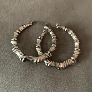 Silver Colour Chunky Bamboo Hoop Earrings - Image 1