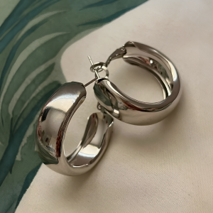 Silver Tone Simple Chunky Hoop Earrings - Image 1