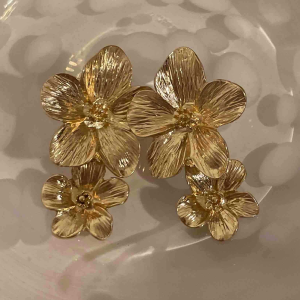 Gold Tone Double Flowers Drop Earrings - Image 4