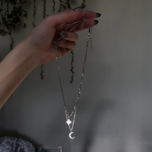 Two Layer Crystal Moon Star Necklace - Image 2