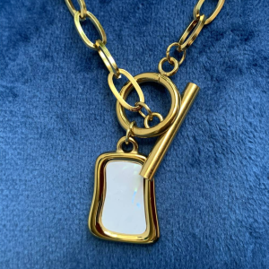 Stainless Steel White Stone Pendant Gold Tone Necklace - Image 2