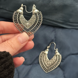 Silver Tone Boho Heart Earrings - Image 2