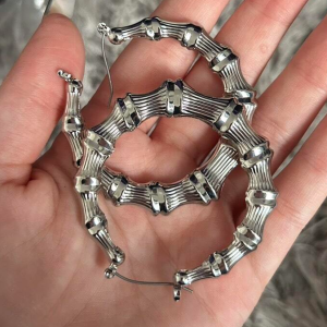 Silver Colour Chunky Bamboo Hoop Earrings - Image 3