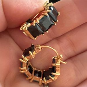 Black Crystal Band Huggie Hoop Earrings - Image 2
