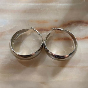 Silver Tone Round Wide Hoop Sleeper Earrings - Image 3