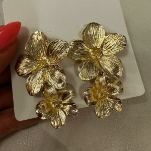 Gold Tone Double Flowers Drop Earrings - Image 2