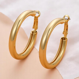 Gold Tone Round Hollow Hoop Earrings - Image 1