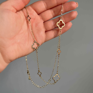 Gold Tone Linked Hollow Clovers Necklace - Image 2