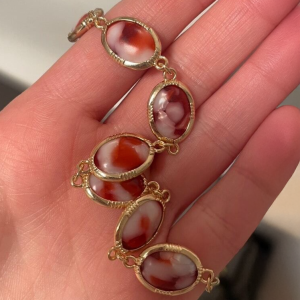 Gold Tone Big Red & White Stone Bangle Bracelet - Image 2