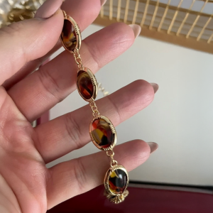 Gold Colour Large Oval Red & Yellow Stones Bangle Bracelet - Image 2