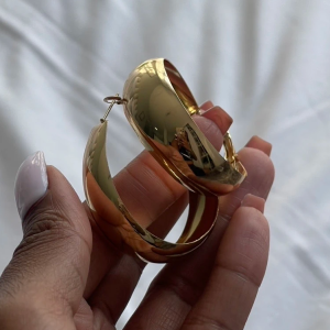Gold Tone Round Wide Hoop Sleeper Earrings - Image 3