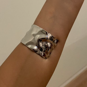Silver Tone Chunky Textured Cuff Bangle Bracelet - Image 4