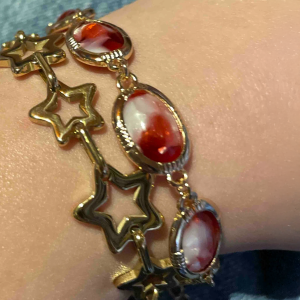 Gold Tone Big Red & White Stone Bangle Bracelet - Image 3