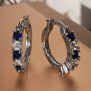 925 Silver Filled Blue Crystals Hoop Earrings - Image 1
